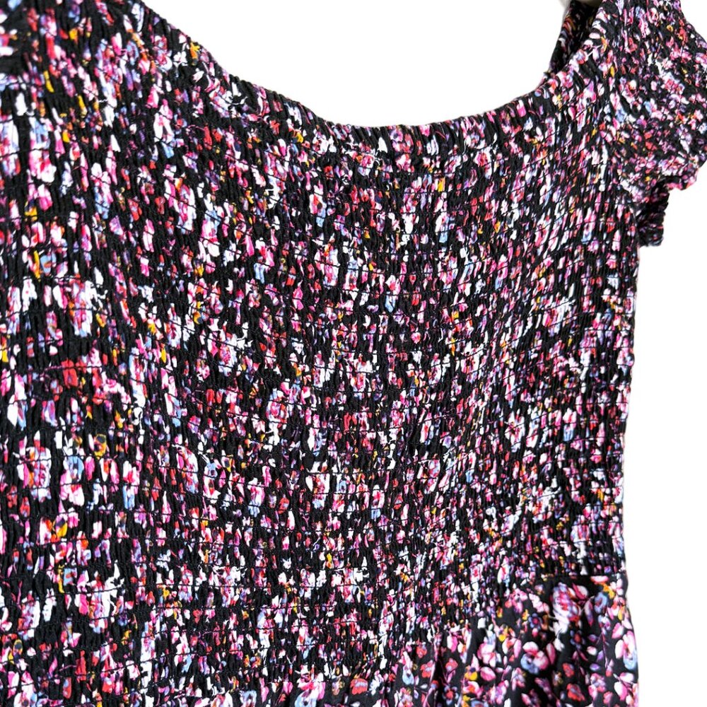 Express Black Floral Smocked Top Mini Dress, Size Large - Picture 3 of 8